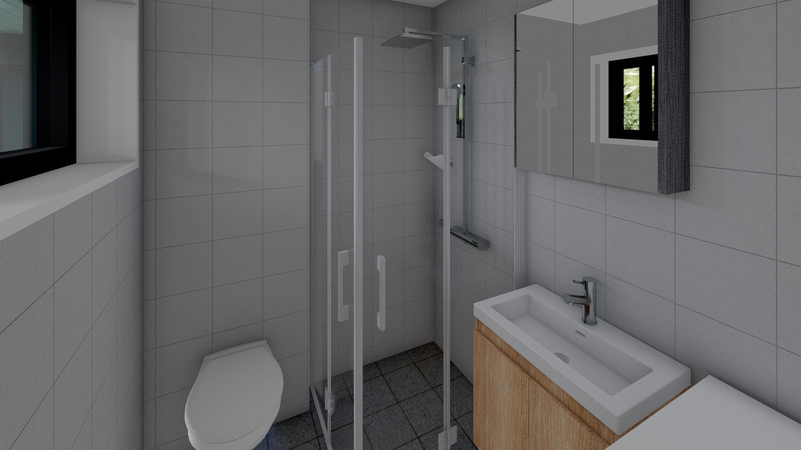 Bad/wc helflises og det leveres 80 cm innredning fra Lind i 1 og 2. etasje. På bad/wc loft blir det 60 cm innredning. Speilanretning med LED lys. Galleribilde