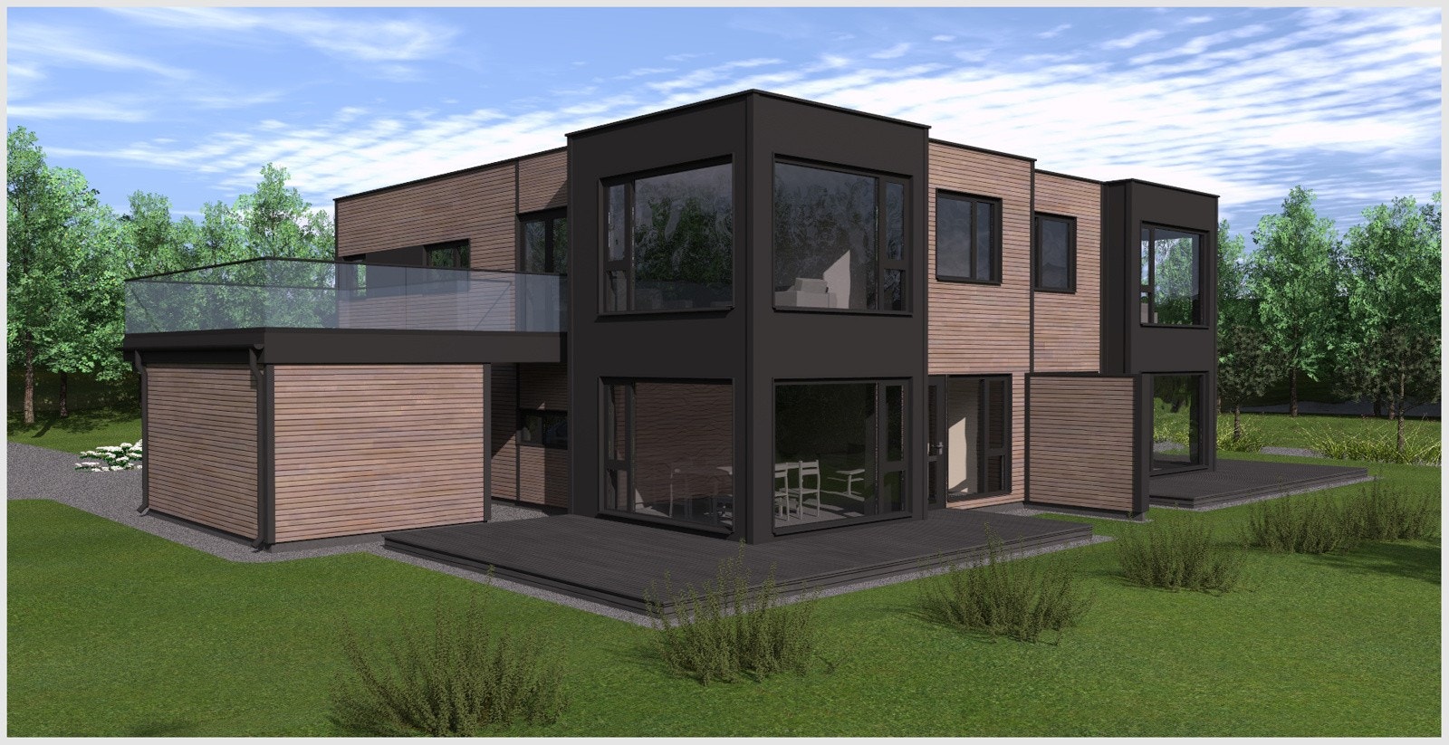 Store vindusflater, liggende panel, og materialer som glass gir et eksklusivt uttrykk. Galleribilde
