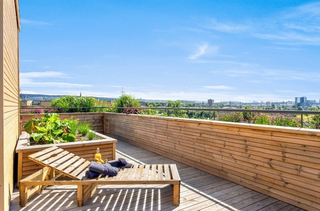 Takterassene har solsenger, piknikbord, sitteplasser, pergola og toaletter. Galleribilde