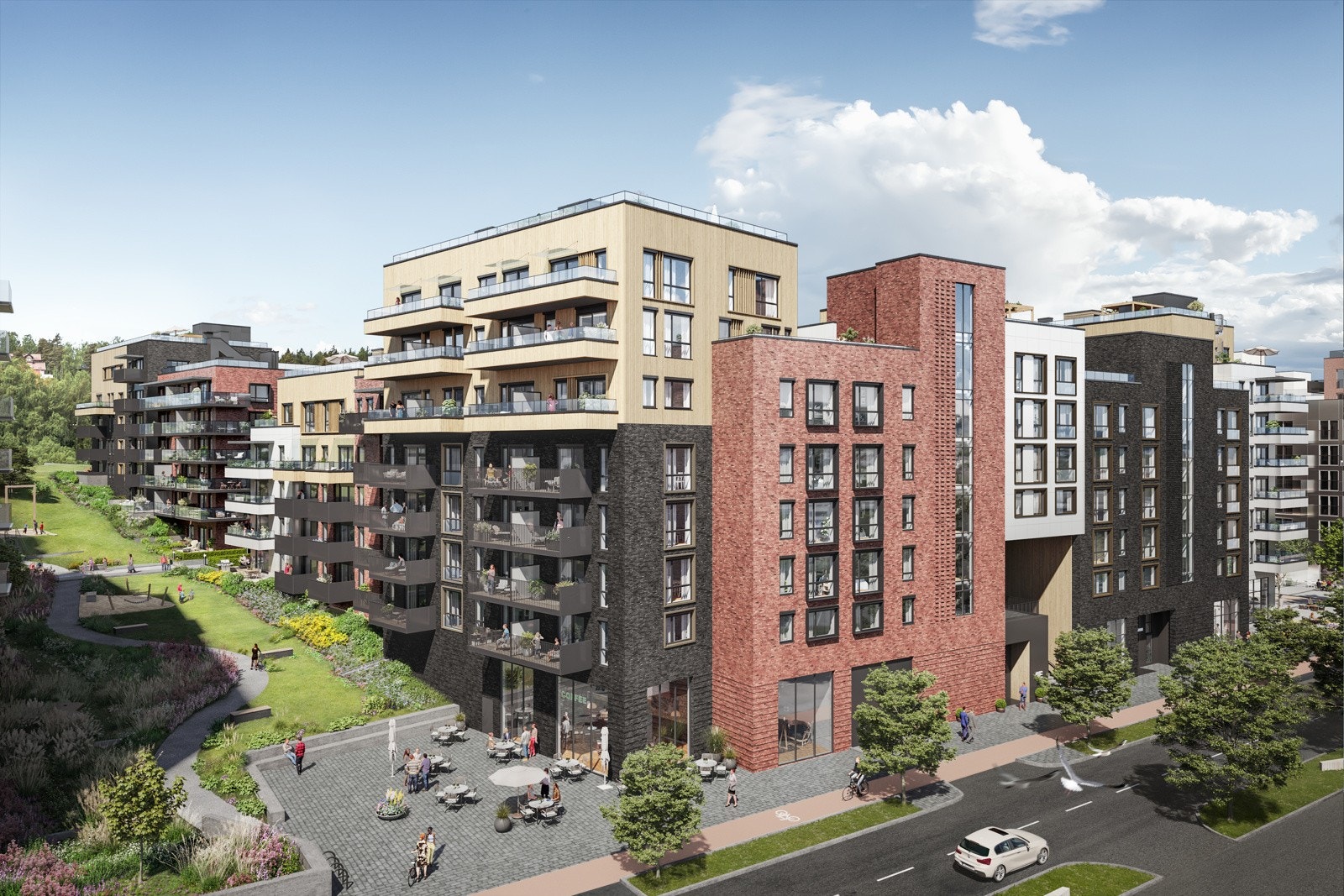 Gode opparbeidede uteområder med torg og parkdrag mellom borettslagene Galleribilde