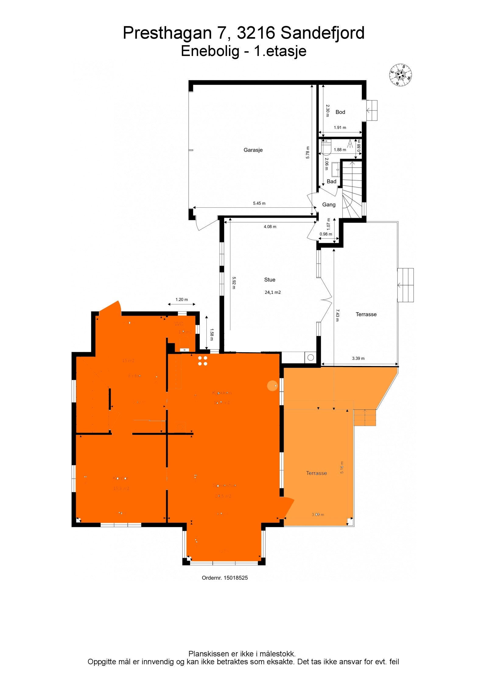 Arealet som leies ut er markert med rødt. Orange viser terrassen som tilhører "hovedhuset". Galleribilde
