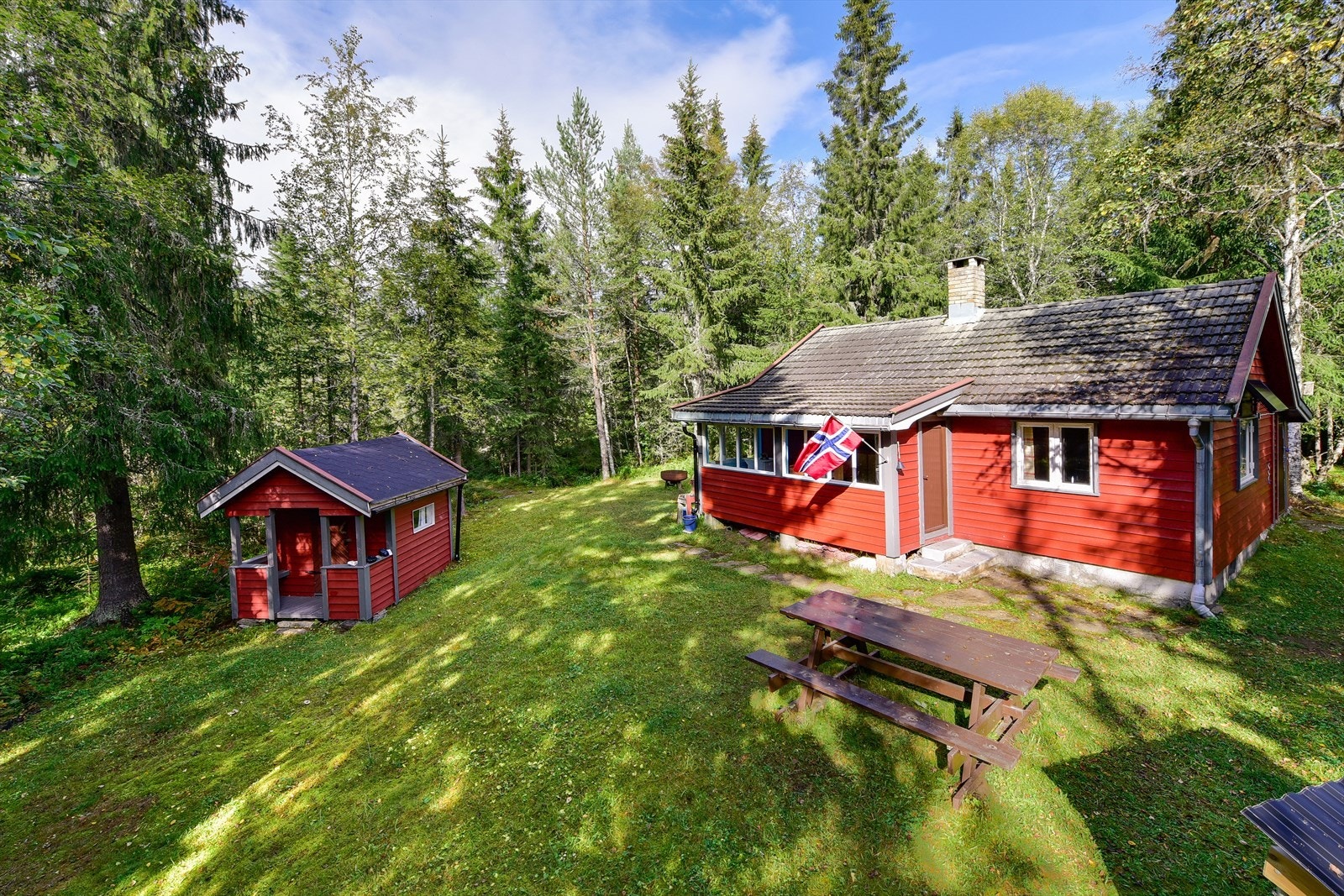 Hytta ligger på hyggelig tun, litt for seg selv, men samtidig nær det nye hyttefeltet på Lygna Galleribilde