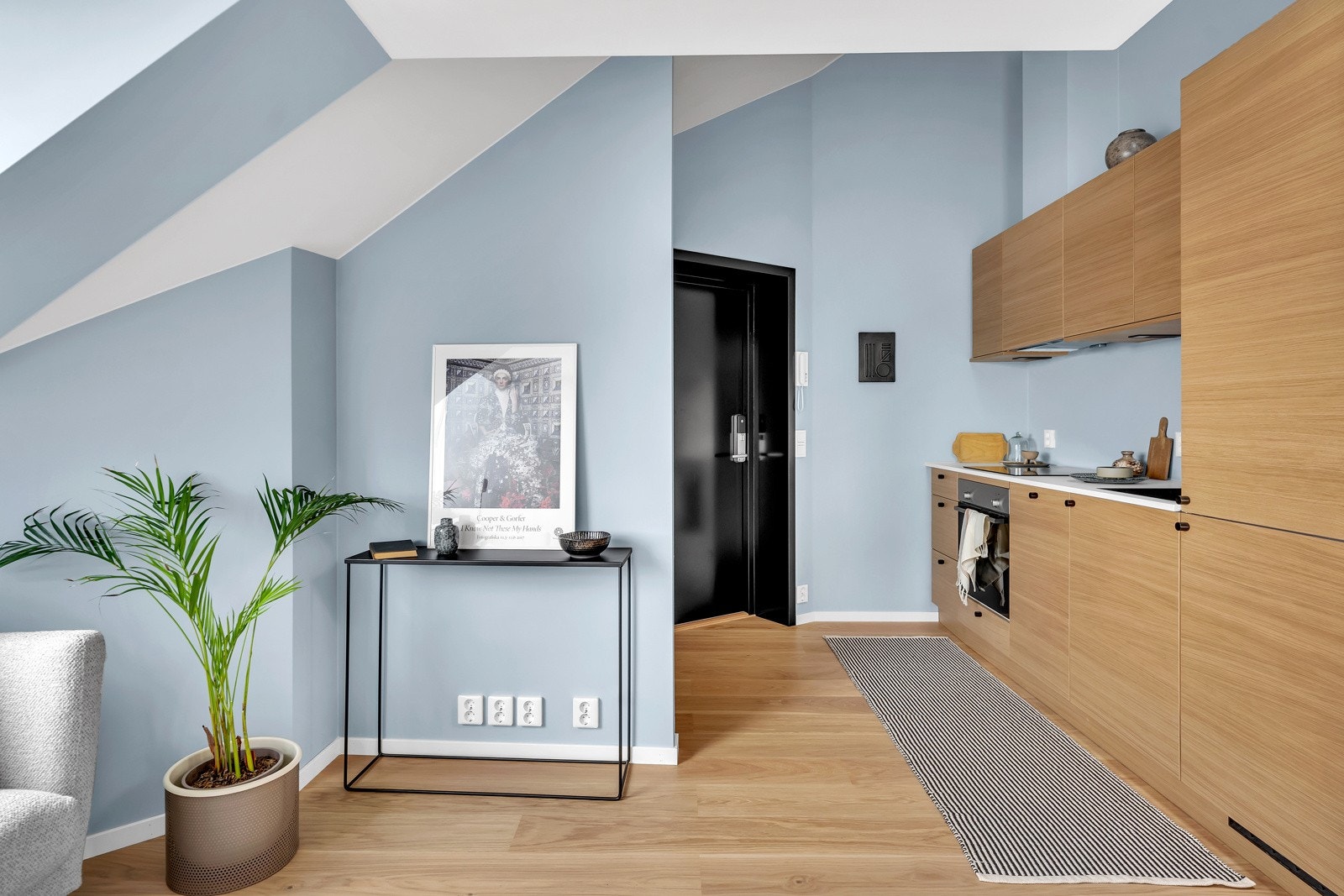 Entrè/gang med plass til oppheng av yttertøy og plassering av skotøy til venstre for inngangsdøren. Montert dørcalling med portåpner. Galleribilde