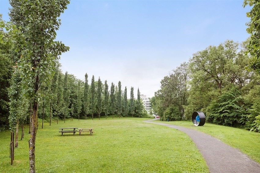 Direkte inngang til Svartdalsparken og Alnaelva med tursti og urskog Galleribilde