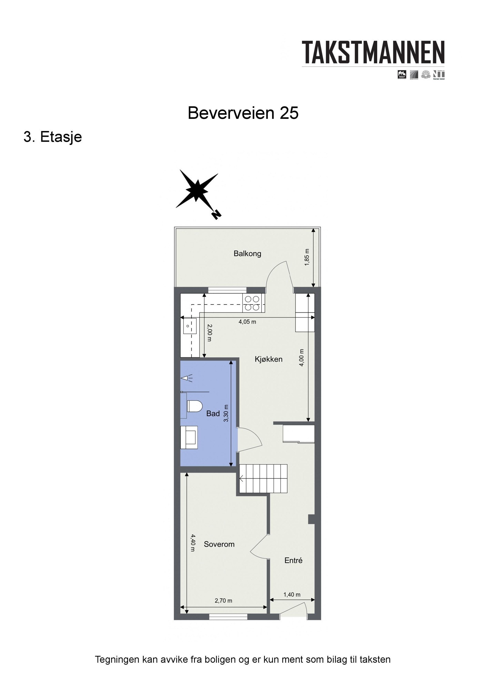 3. Etasje. Bestående av entrè, hovedsoverom, bad/wc, kjøkken med spiseplass og utgang til balkong på ca. 7.5 kvm Galleribilde