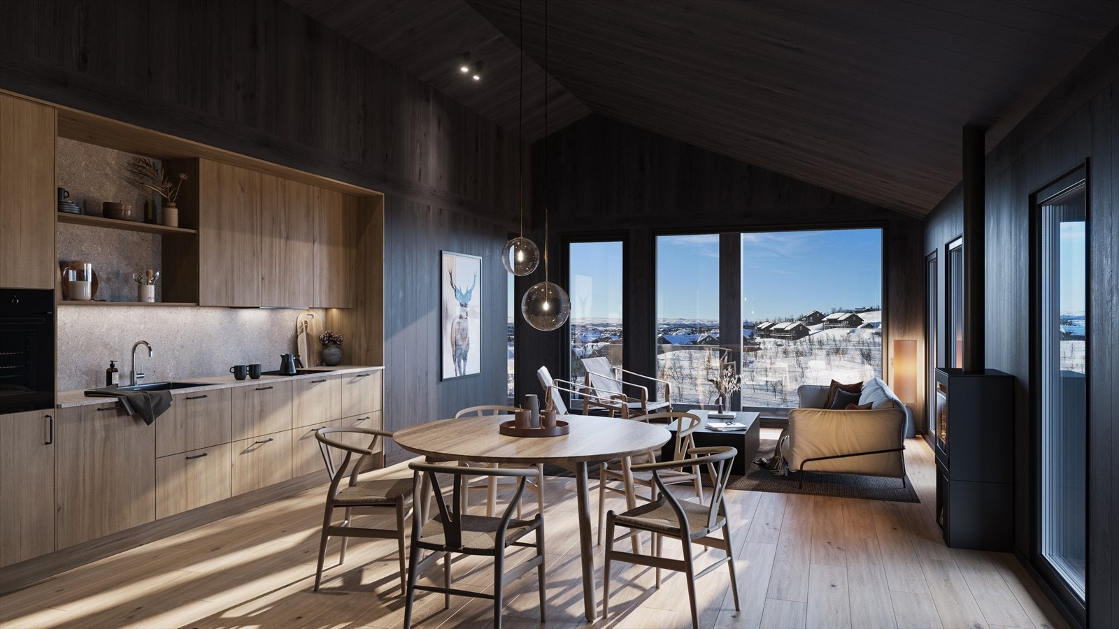 Delikat materialvalg med lekkert kjøkken fra Drømmekjøkkenet, limtrepanel og lyst en-stavs parkett. (Illustrasjon fra annen leilighetstype) Galleribilde