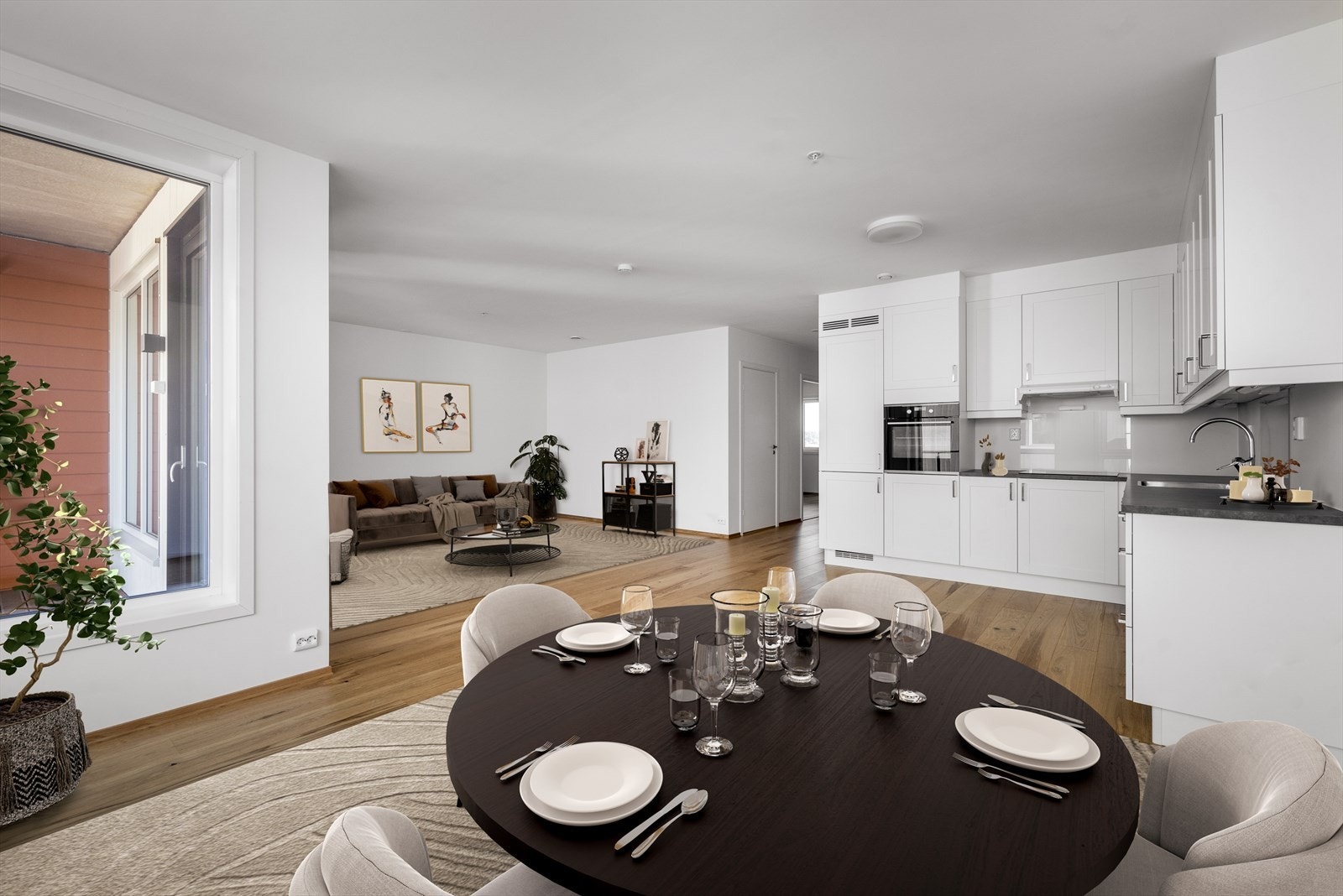 Gjennomgående leilighet med gode lysforhold, Strai kjøkken med integrerte hvitevarer og romslig balkong (digital møblering) Galleribilde