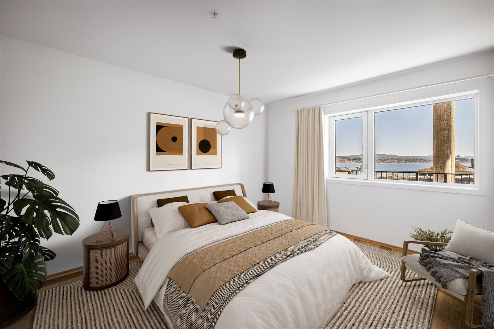 Hovedsoverom (digital møblering) - bildet er fra leilighet C405 (etg over). Leilighet C305 ligger et plan ned og har ikke samme utsikt fra rommet Galleribilde