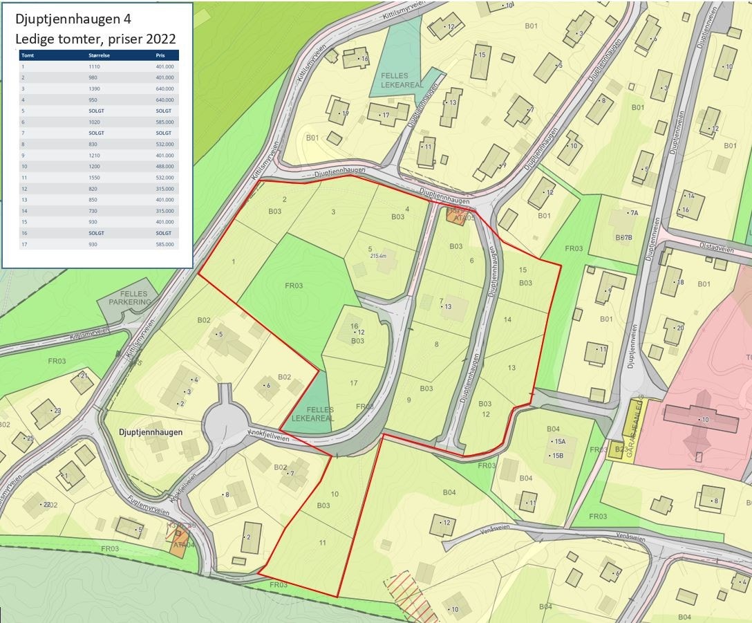 Djupptjennhaugen IV: Kart som viser ledige tomter og tomtepriser (juli 2022) Galleribilde