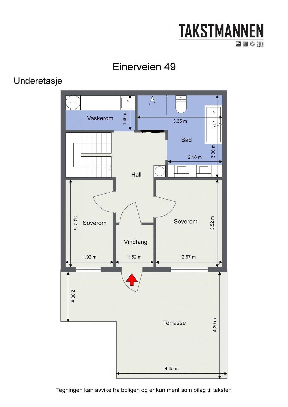 Hovedinngang i boligens underetasje. Her finnes, entré, hall, 2 soverom, vaskerom og romslig bad/WC. Det er flere utbygningsmuligheter Galleribilde