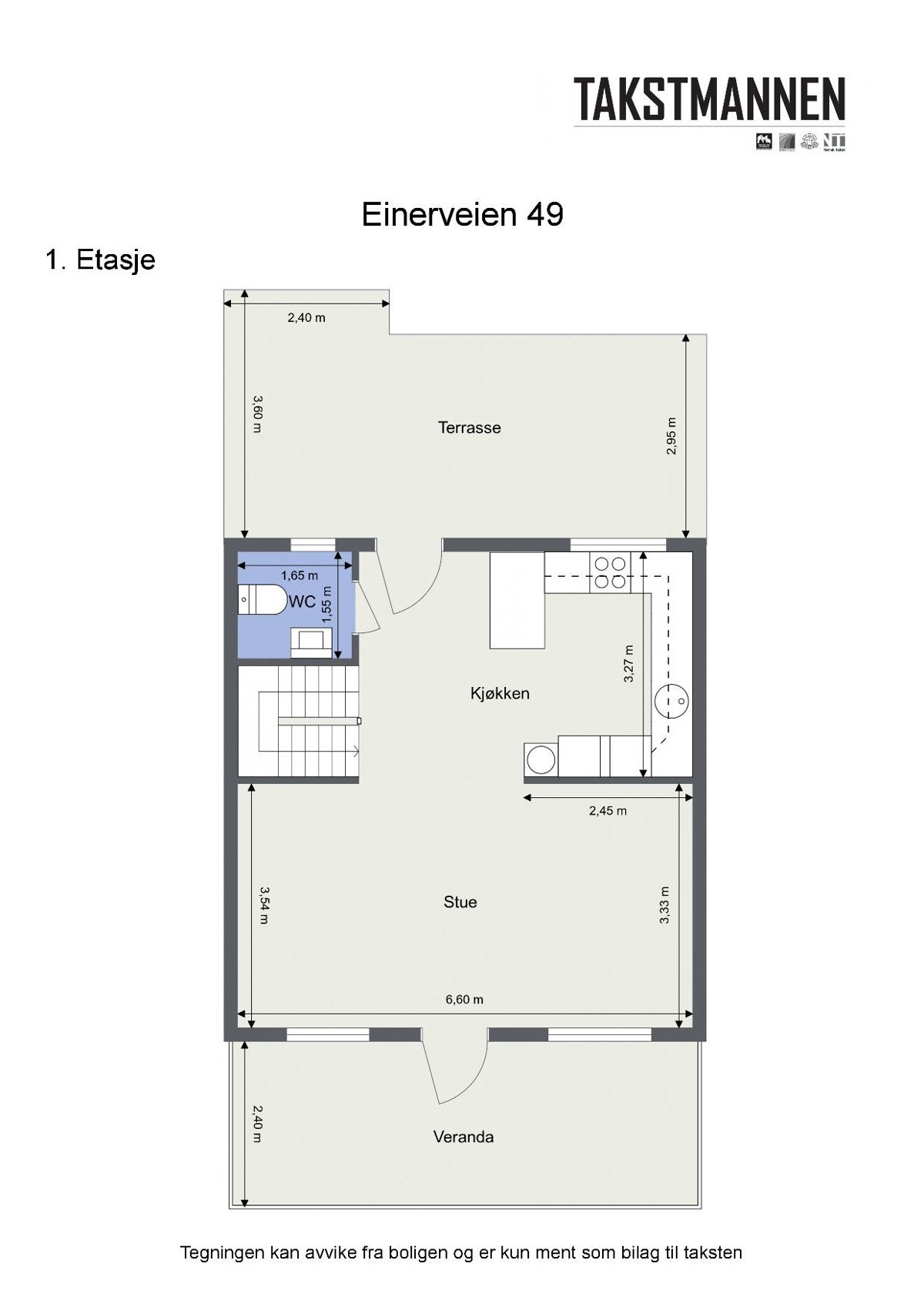 1. etg. inneholder: stue, kjøkken og WC, samt adkomst til markterrasse (hage) og balkong. Galleribilde