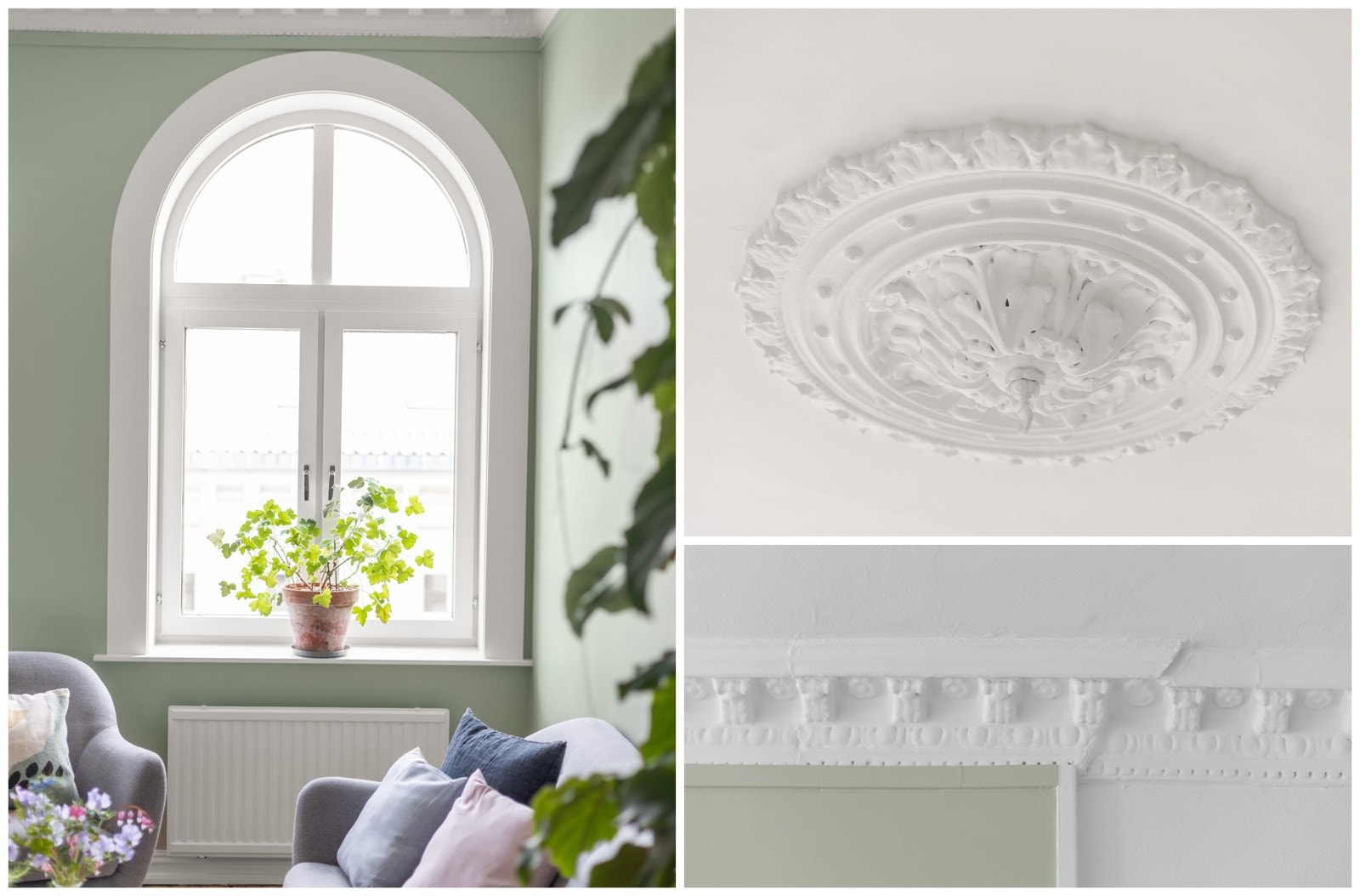 Klassiske detaljer som stukkatur, rosett og store vindusflater Galleribilde