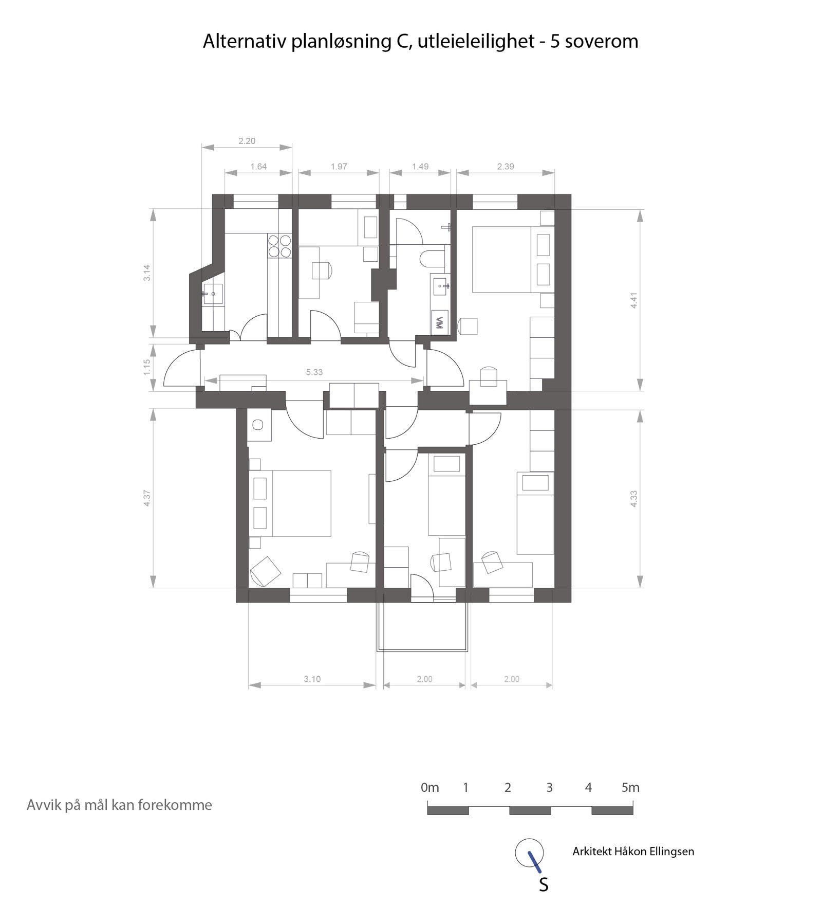 Alternativ planløsning med fem soverom. Galleribilde