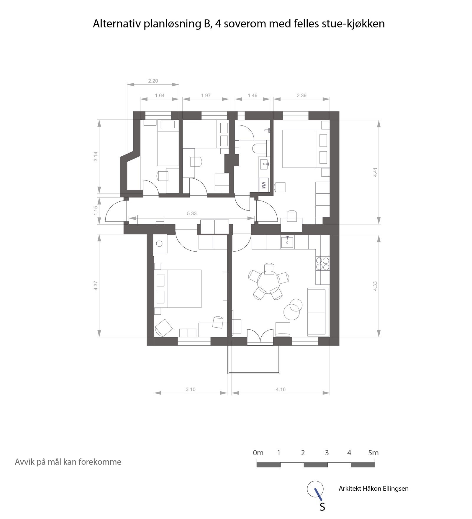 Alternativ planløsning med fire soverom. Galleribilde
