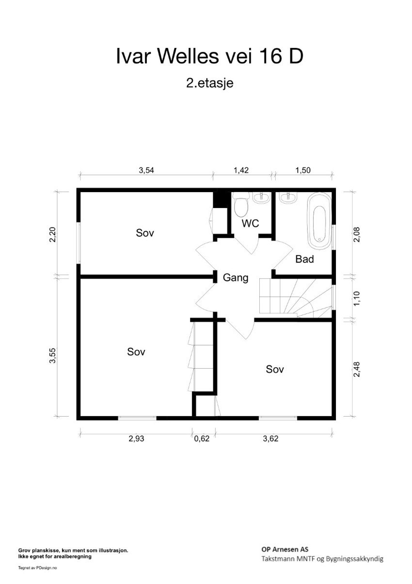 I boligens 2.etasje ligger alle soverom, samt et eldre baderom + separat toalettrom. Galleribilde