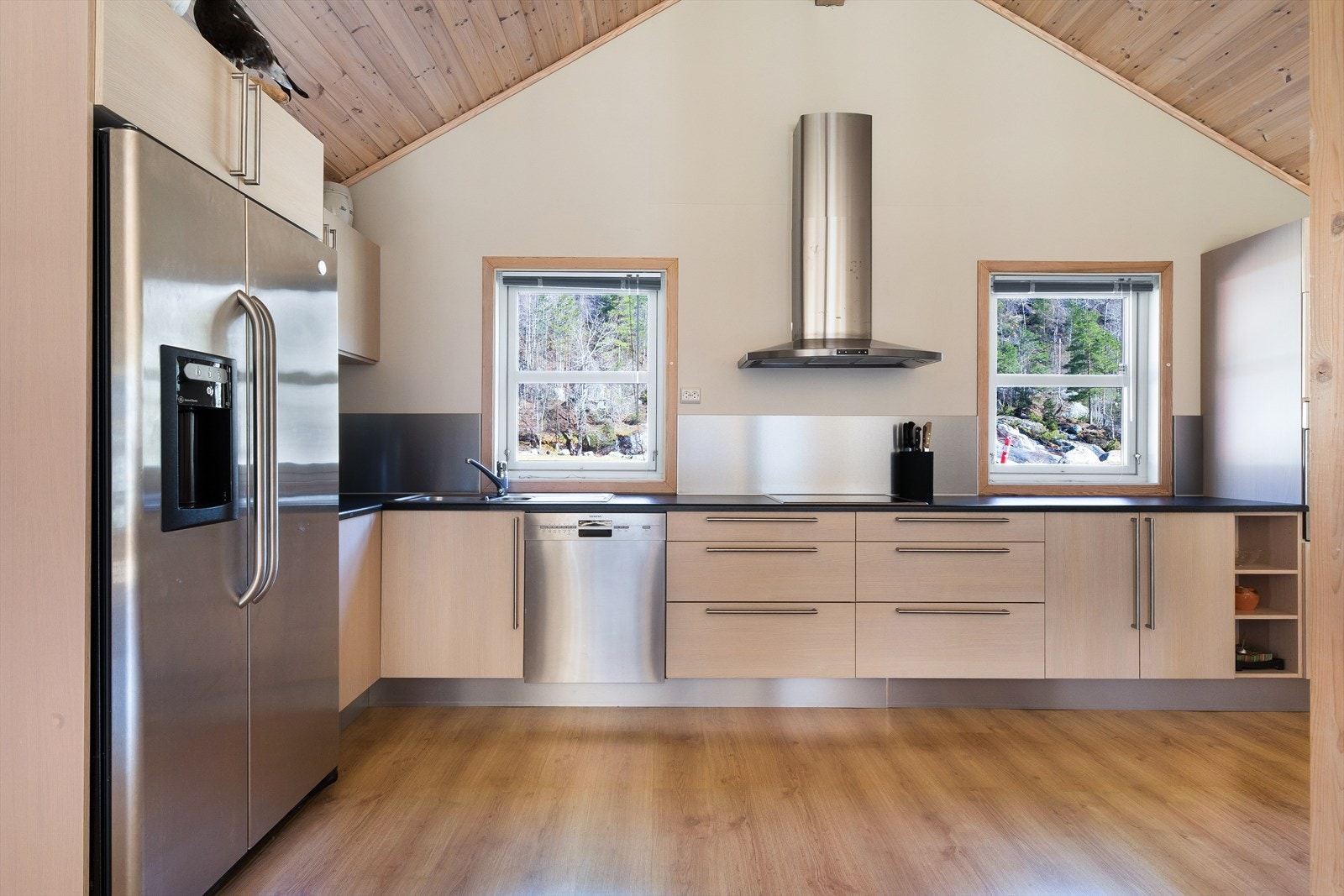 Kjøkkenet har integrert stekeovn, platetopp og oppvaskmaskin samt et frittstående kombiskap Galleribilde