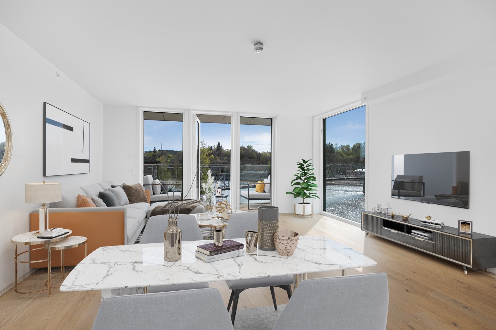 Stuen fremstår som svært innbydende i lyse, delikate fargevalg. På gulvet er det lagt nydelig lyspigmentert enstavs parkett som strekker seg sømløst gjennom alle oppholdsrom. Bildet er kun digitalt illustrert m/møbler. Galleribilde