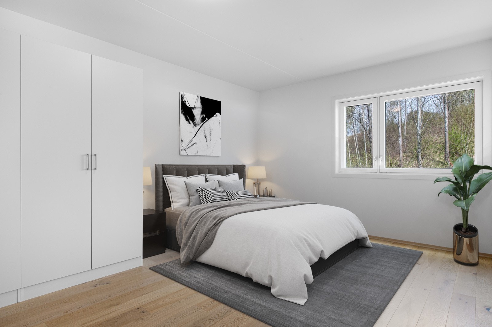 Hovedsoverommet er av god størrelse og fremstår som meget innbydende med lysmalte slette overflater, lyspigmentert enstavs parkett på gulv og et stort vindu som slipper inn rikelig med lys. Bildet er kun digitalt illustrert m/møbler. Galleribilde