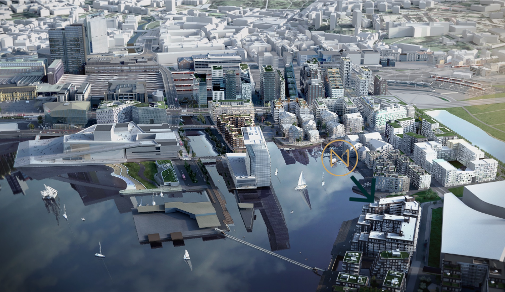 Optimal beliggenhet i Bjørvika. Det kommer en bred park nord for bygget. Hele langsiden er vinklet med utsikt mot indre havnebasseng Galleribilde