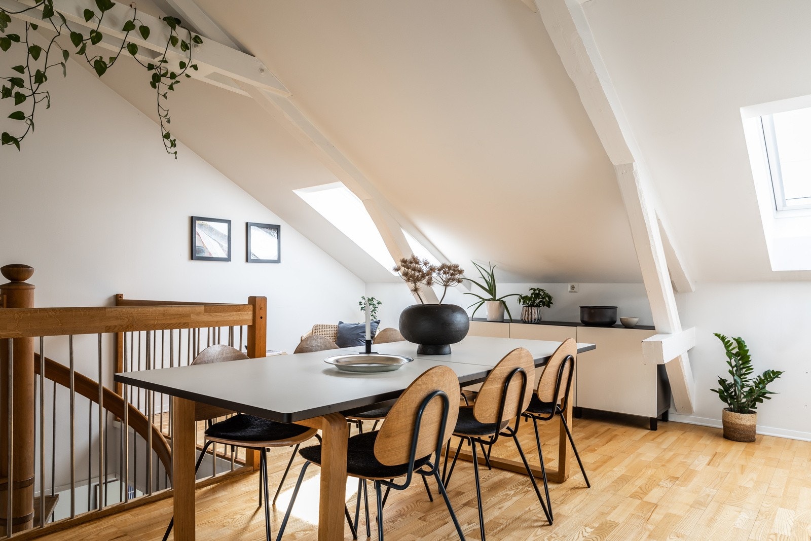 Generøs takhøyde med synlige takbjelker og velux takvinduer. Galleribilde