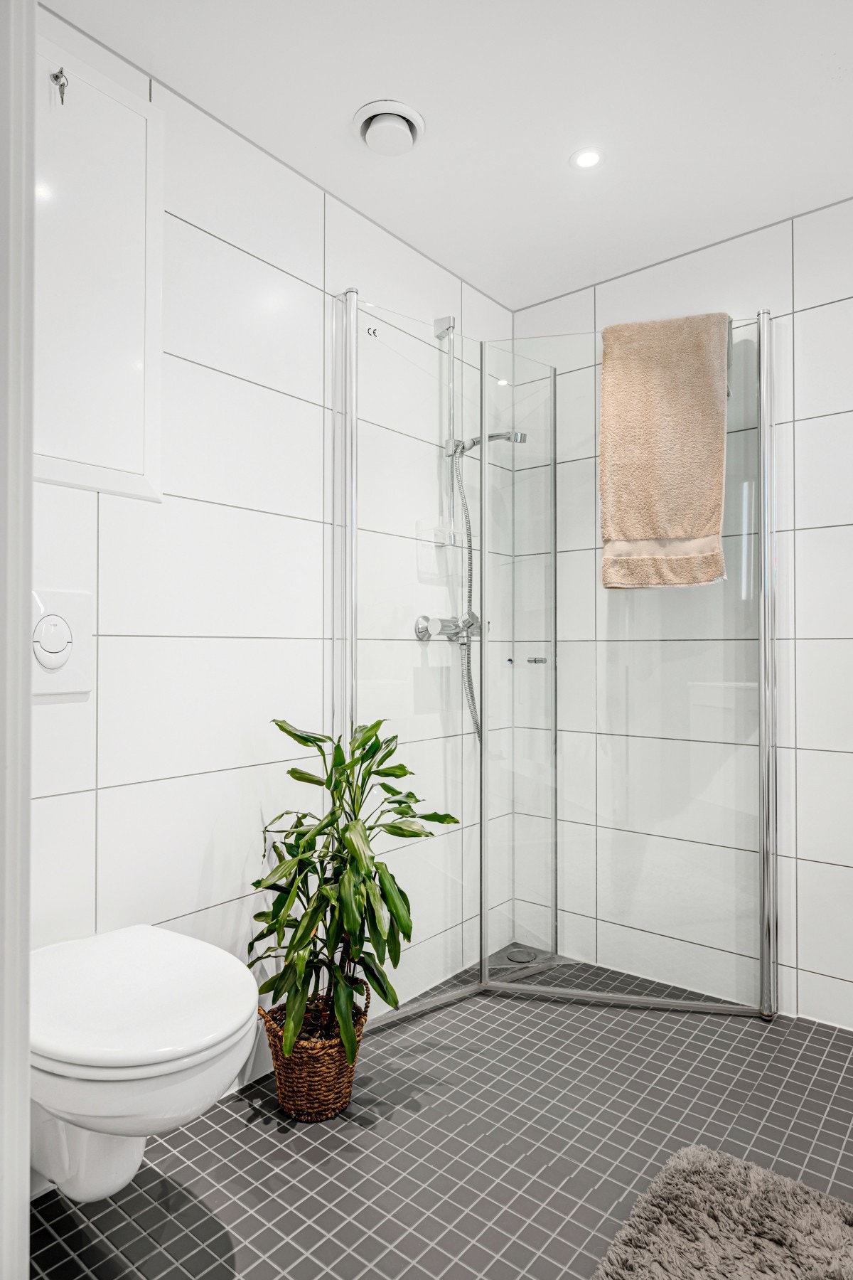 Vegghengt WC og dusjhjørne, samt downlights i himling. Galleribilde