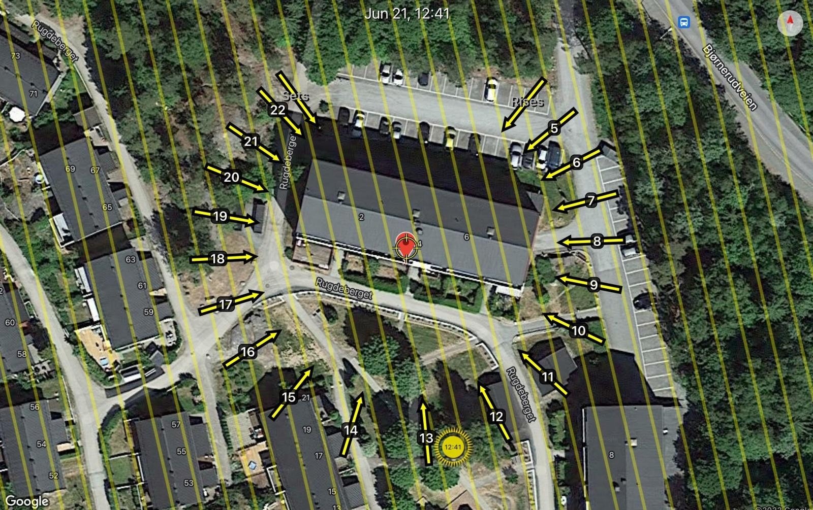 Soldiagram pr 21. juni. Eiendommen har gode solforhold hele dagen. Galleribilde