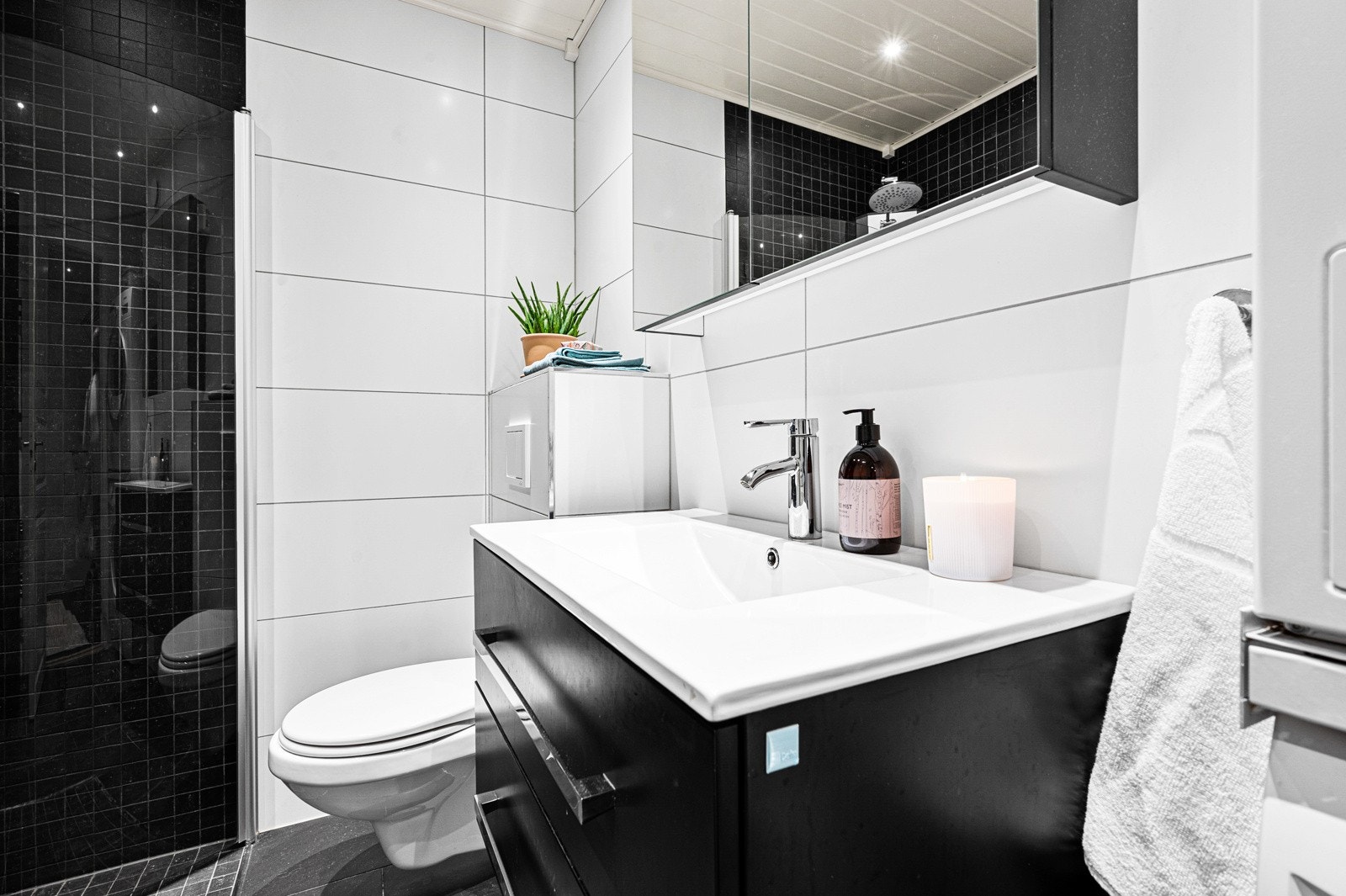 Du har i tillegg til flott dusjsone med innfellbare glassdører, hånd-, masasje- og regnfallsdusj. Galleribilde