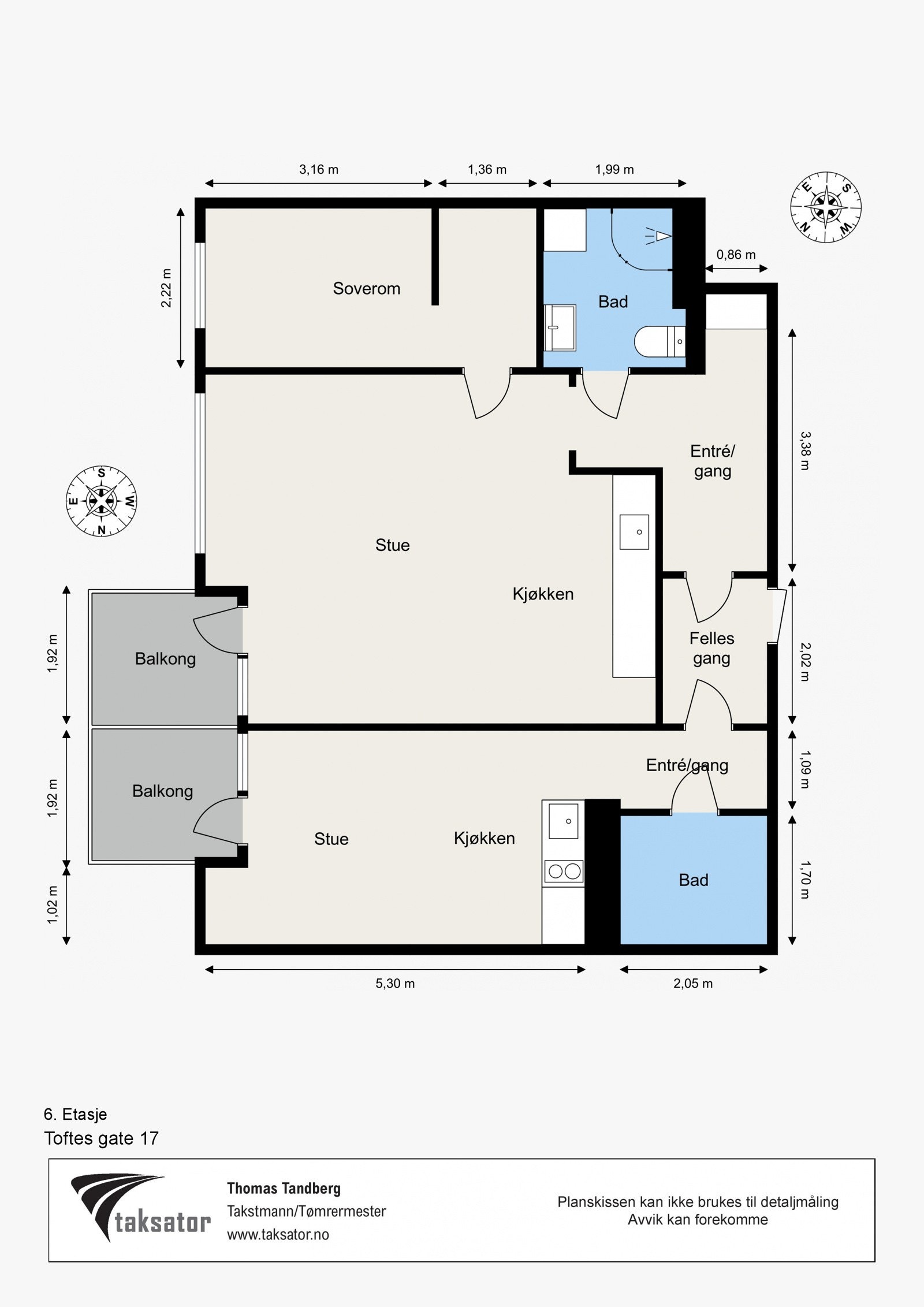 Målsatt plantegning. Leiligheten kan fungere som en 2-roms med utleiedel eller 3-roms med to baderom hvor hovedsoverom har eget tilknyttet baderom! Galleribilde