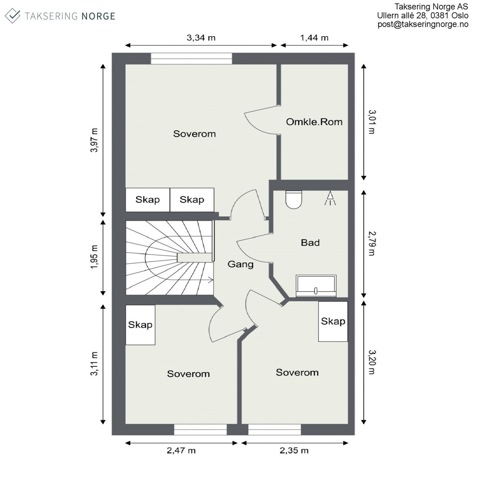 2. Etasje består av bad, Gang, Tre soverom og omkledningsrom. Galleribilde