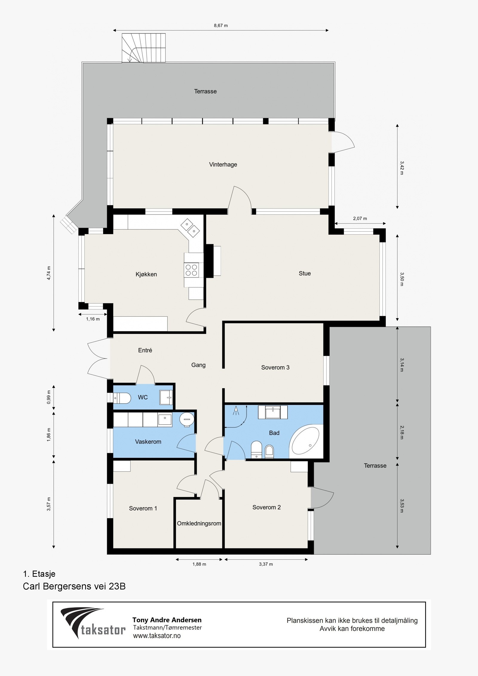 Vi begynner først med å vise deg planskissen, slik at du har best mulig oversikt over denne innholdsrike boligen. Planskissen er utarbeidet av takstmannen. Galleribilde