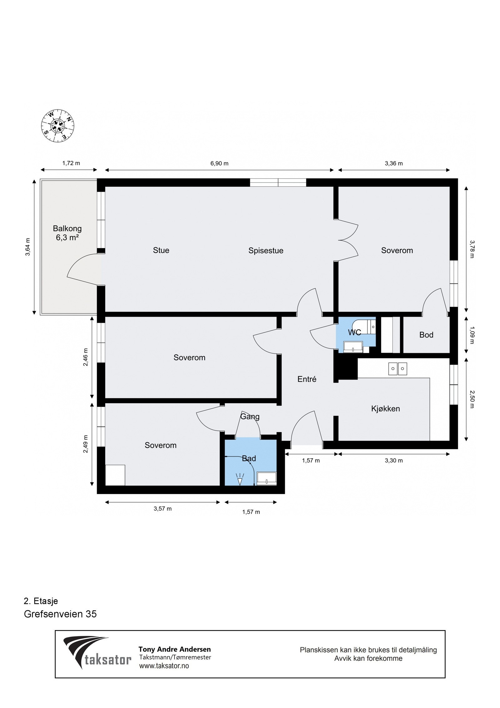 Leiligheten ligger på hjørnet i blokkens 2. etasje og byr på en gjennomgående planløsning med lys fra tre himmelretninger. Galleribilde