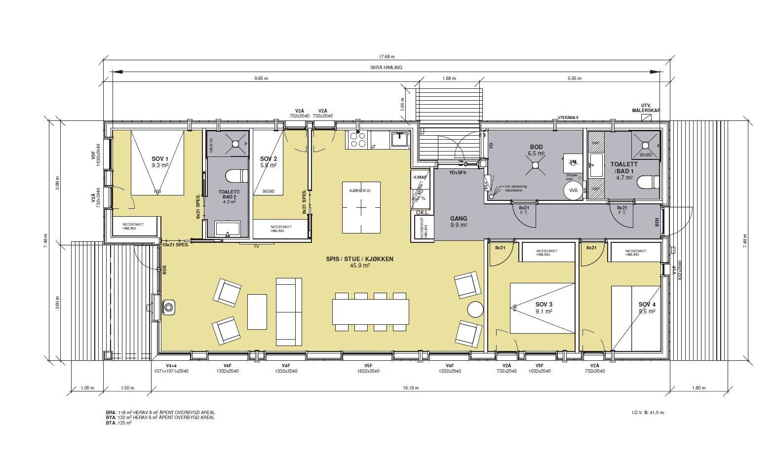 Plantegning Vy29BT. 4 sov, 2 bad og romslig stue/kjøkken. Galleribilde