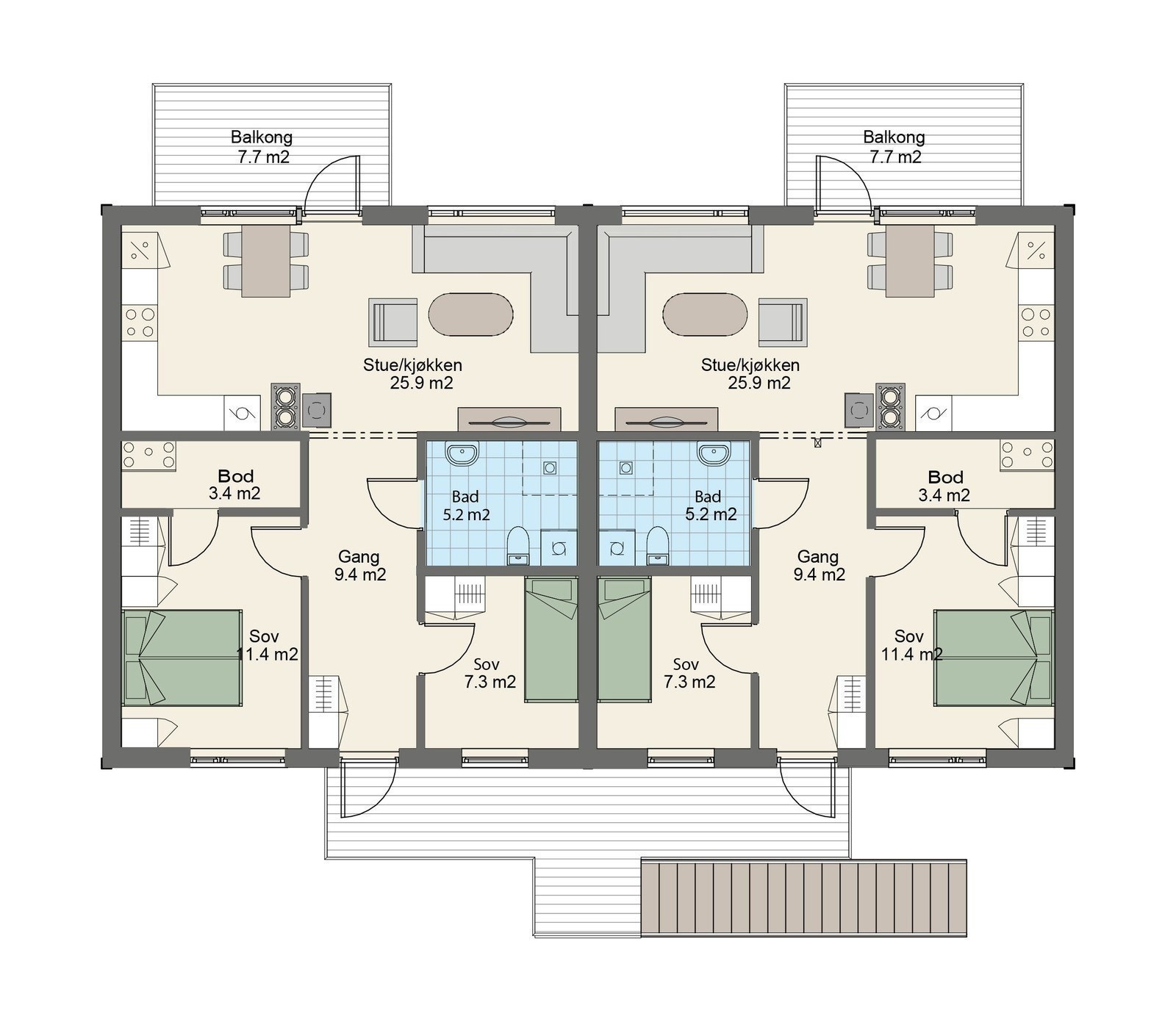 Plantegning: Leiligheten ligger i første etasje og har inngang til venstre på illustrasjonen. Tegningen viser andre etasje, men leilighetene er lik på begge plan. Galleribilde