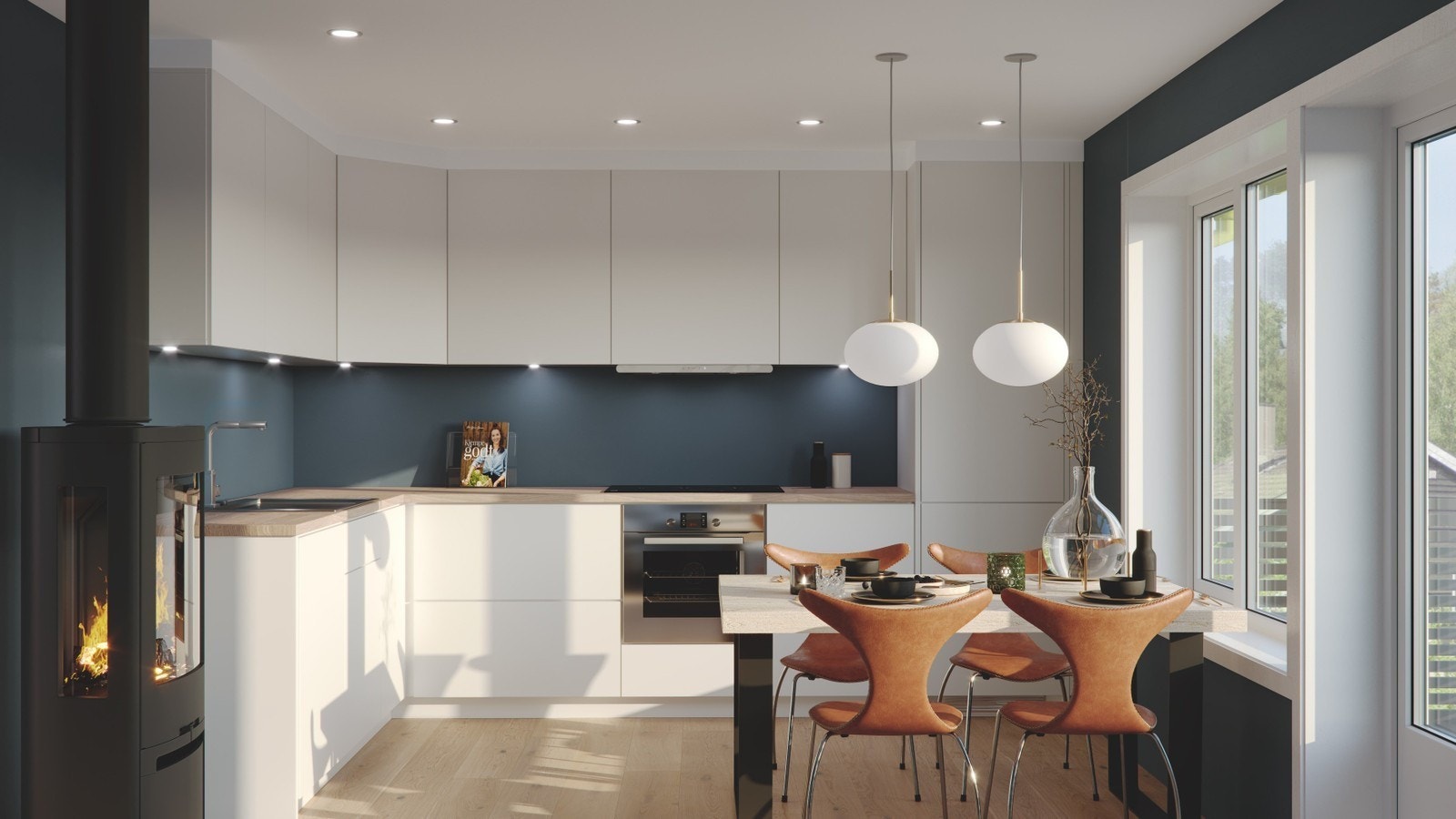 Kjøkkenløsningen byr på god skap,- og benkeplass. Dette leveres av kvalitetsleverandøren HTH. Detaljer i illustrasjon er til inspirasjon. Galleribilde