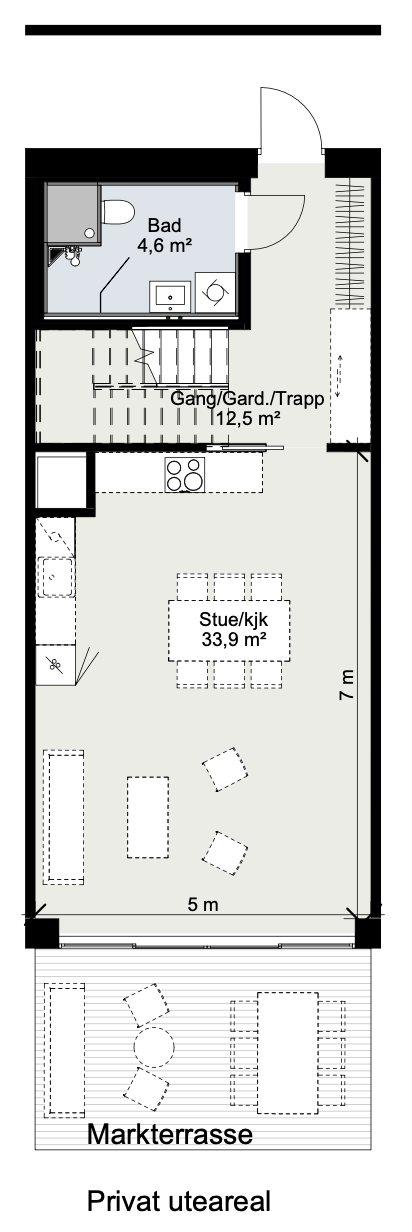 1. etasje. Inngang, garderobeplass, bad, kjøkken, stue. Galleribilde