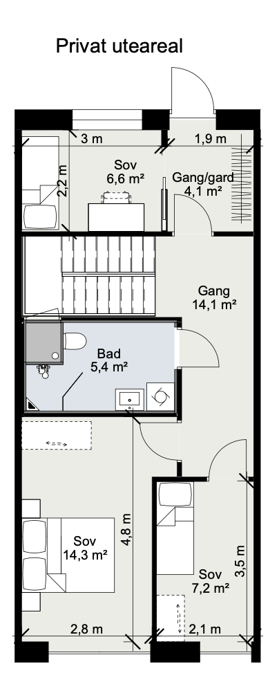 2. etasje, 3 soverom, walk-in, bad. Privat uteareal ved inngang 2. etasje. Galleribilde