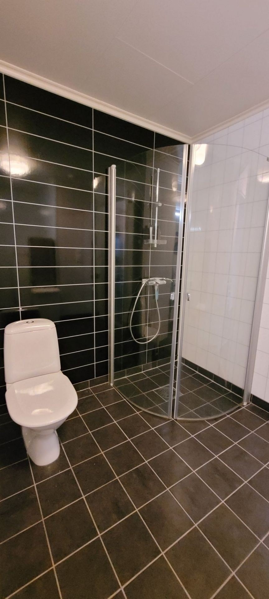 Bad med vask, toalett og dusjvegger Galleribilde