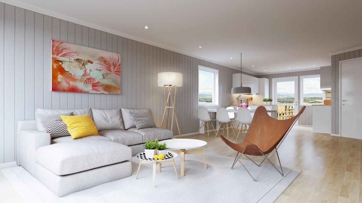 Illustrasjon av stue. Merk at dette er en illustrasjon som kan avvike fra det endelige resultatet. Galleribilde