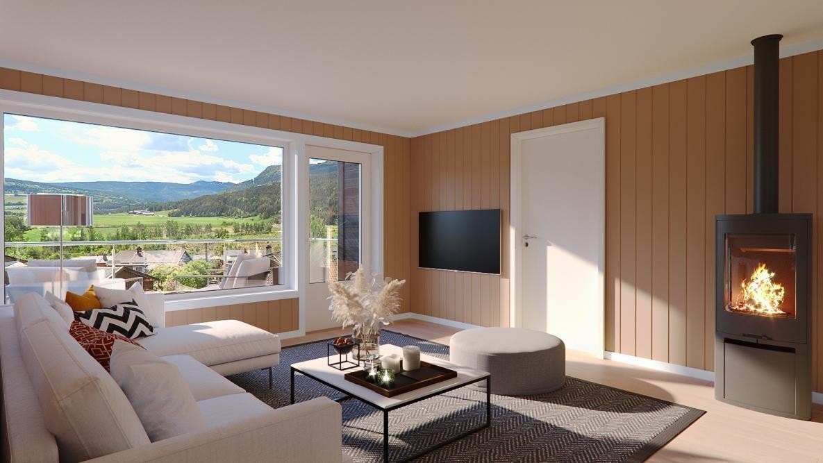 Lys og trivelig stue med utgang til terrrasse med gode solforhold. Merk at dette er en illustrasjon som kan avvike fra det endelige resultatet. Galleribilde