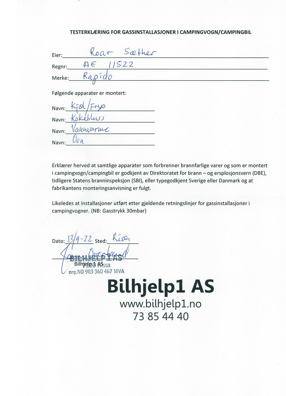 Gasstest godkjent. ingen anmerkinger