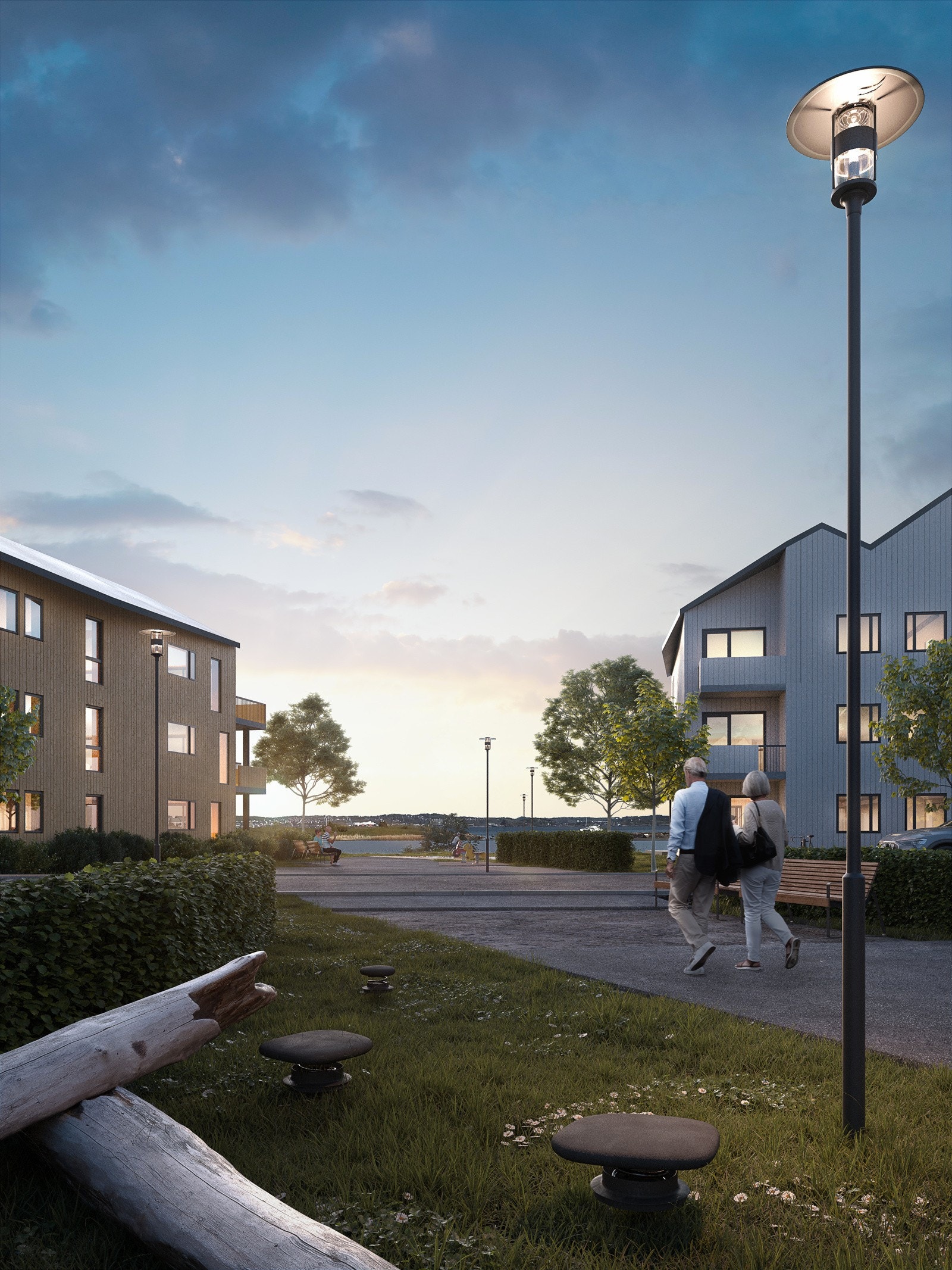 Flotte gårdsrom mellom byggene og et hyggelig miljø for beboerne og besøkende. Alle bildene er illustrasjoner og kan avvike fra leveransen. Galleribilde