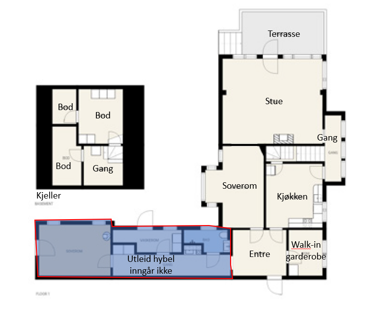 Plantegning 1. etasje. Etasjen består av et kjøkken, stue, soverom, garderoberom og entre/gang. Galleribilde