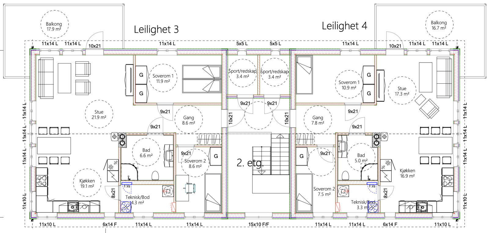 Plantegning 2. etasje. Leilighet 3 ligger til venstre. Galleribilde