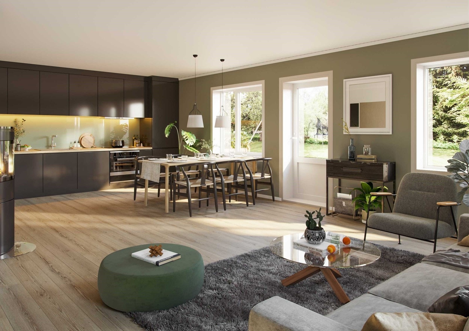 Illustrasjon av stue mot kjøkken - illustrasjonen vil avvike fra virkelig miljø og omgivelser Galleribilde