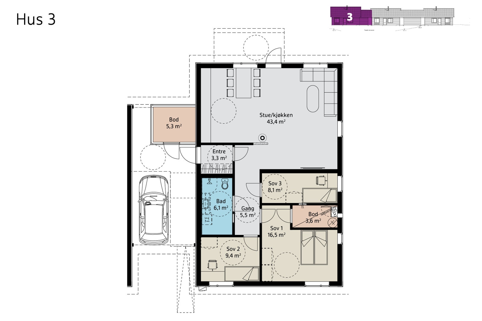 Plantegning av Hus 3 - det kan forkomme endringer og avvik på tegningene. Galleribilde