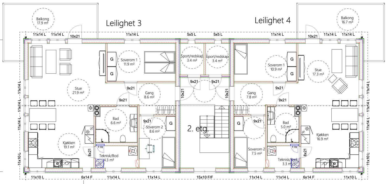 Plantegning 2. etasje. Leilighet 4 ligger til høyre. Galleribilde