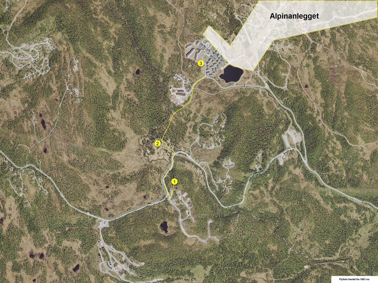 1. Hytta 2. Utgangspunkt langrenn 3. Norefjell Ski og Spa (skogssti i gult) Galleribilde