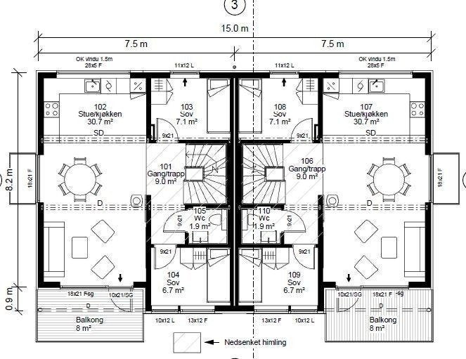 2.etasje: Her er to soverom, stue/kjøkken, balkong og WC. Galleribilde