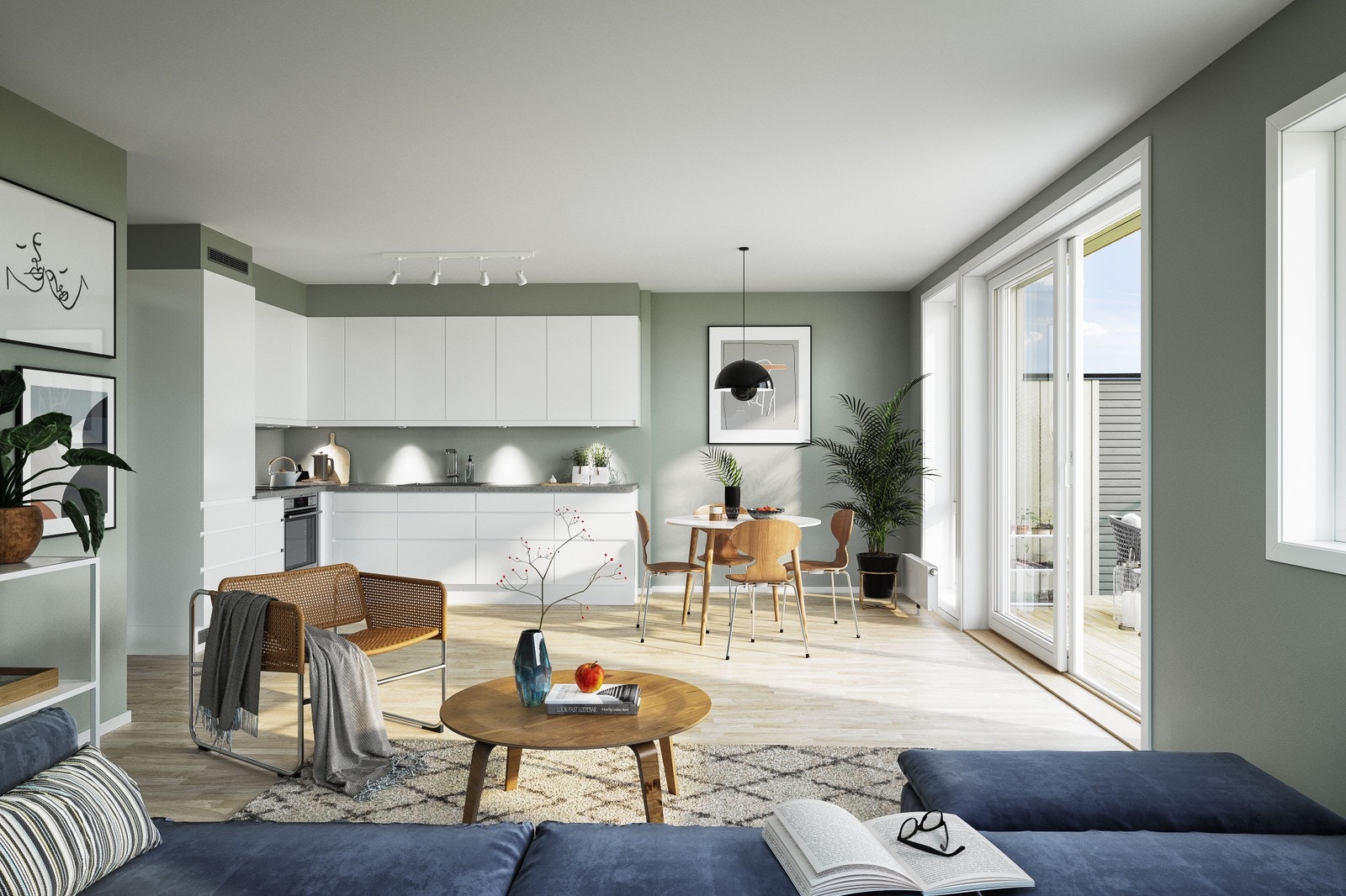 Åpen stue og kjøkkenløsning med utgang til terrasse Galleribilde