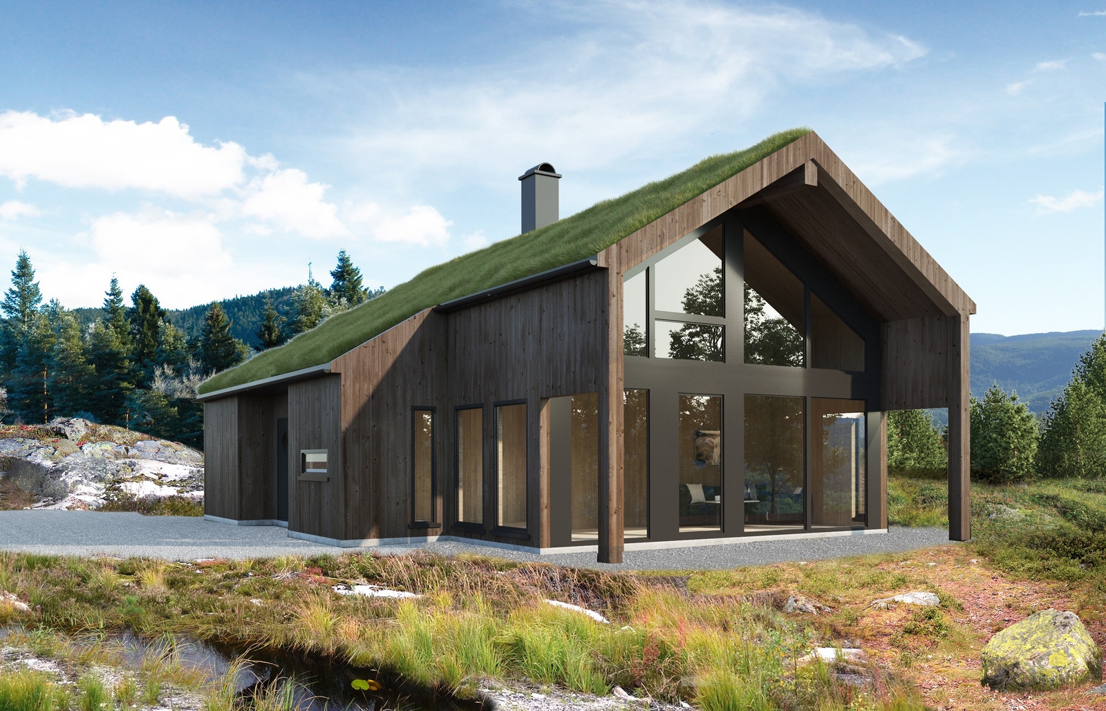 3 D bilde av hytta - her med alternativ stående kledning Galleribilde